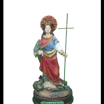 Estátua colorida de Santa Marta com base oval e placa STA. MARTA
