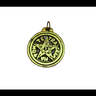 Medalha redonda dourada com pentagrama e inscrições em inglês