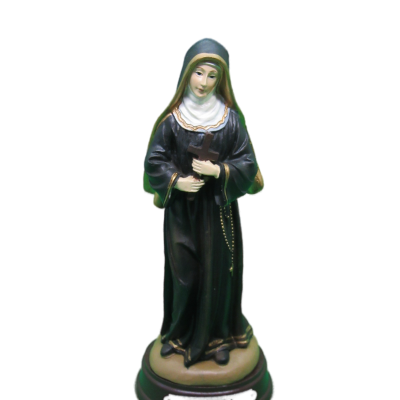 Estatueta de Santa Rita em hábito preto e branco segurando crucifixo e terço, base redonda com texto RITA