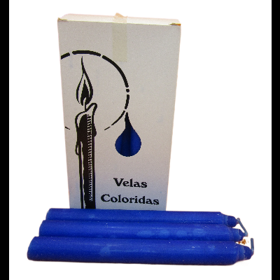 Conjunto de velas azuis com embalagem branca rotulada