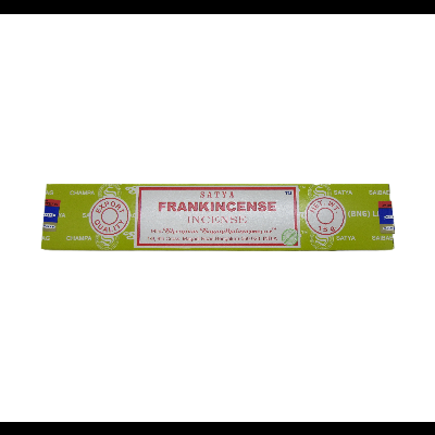 Embalagem de incenso Satya Frankincense verde com texto e selo