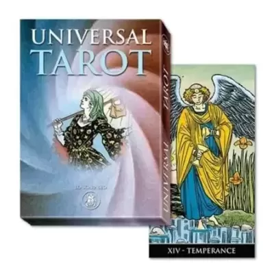 Baralho Universal Tarot com caixa azul e roxa e carta do anjo da temperança