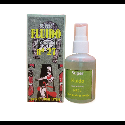 Frasco de Super Fluido nº 27 e caixa verde com texto para quebrar inveja