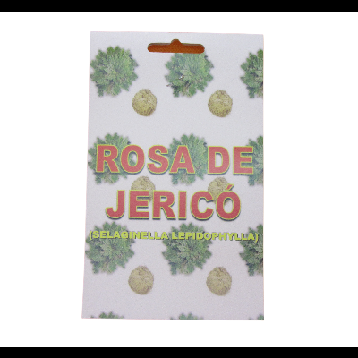 Embalagem branca com padrão de plantas verdes e texto 'ROSA DE JERICÓ (SELAGINELLA LEPIDOPHYLLA)'