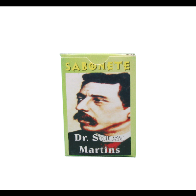 Embalagem de sabão verde com rosto masculino e texto Dr. Souza Martins