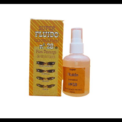 Spray cosmético Super Fluido nº 28 com caixa amarela e rótulo com texto e ilustrações.