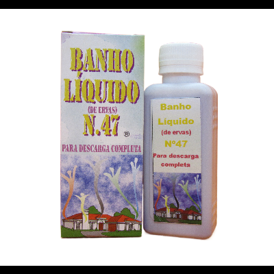 Frasco e caixa de Banho Líquido N. 47 com texto e imagem de casas e árvores
