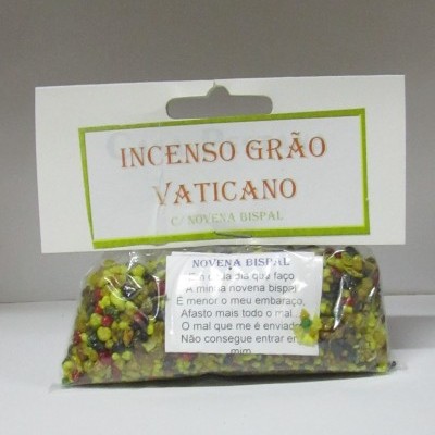 Pacote transparente de incenso grão Vaticano colorido com etiqueta branca e verde