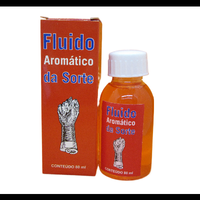 Fluido aromático da sorte em frasco e caixa laranja com texto azul e branco e imagem de punho fechado