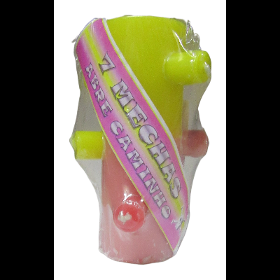 Produto decorativo colorido com etiqueta rosa e texto 7 MECHAS ABRE CAMINHO