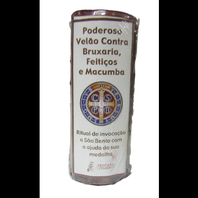 Vela branca contra bruxaria com texto e símbolo de São Bento