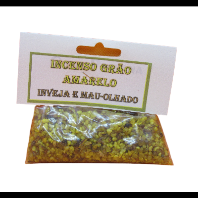 Pacote de incenso grão amarelo com rótulo branco e texto em português.