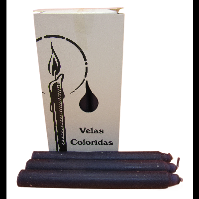 Conjunto de velas coloridas roxas com caixa branca etiquetada