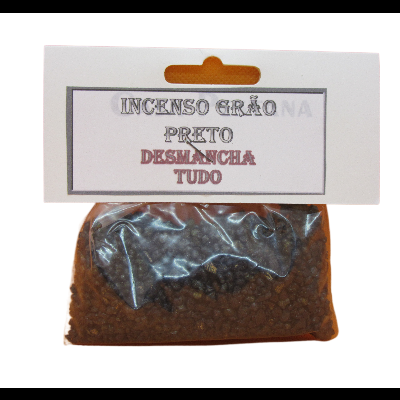 Pacote de incenso em grão preto com etiqueta branca