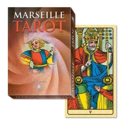 Conjunto de cartas de tarô Marseille com caixa castanha e carta do Rei colorida