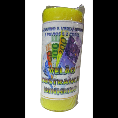 Vela amarela com etiqueta de notas de euro e texto promocional.