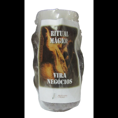 Vela branca cilíndrica com etiqueta 'RITUAL MÁGICO VIRA NEGÓCIOS'