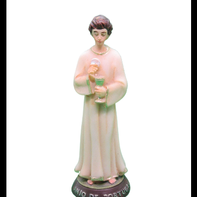 Figurinha decorativa de mulher em vestido branco com cálice e base preta com texto.