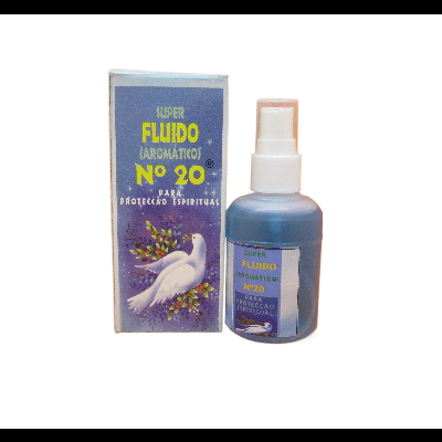 Frasco com fluido aromático Nº 20 para proteção espiritual ao lado da caixa.