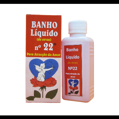 Frasco e caixa de Banho Líquido número 22 para atração do amor com design vermelho e branco e imagem de anjo e rosa.