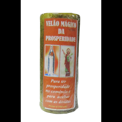 Velão mágico amarelo com etiqueta laranja e imagens religiosas