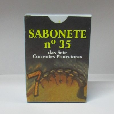 Embalagem de sabonete Nº 35 com correntes protetoras, fundo preto e detalhes amarelos.