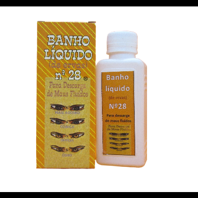 Frasco branco com banho líquido e caixa amarela, texto em português e desenhos de olhos