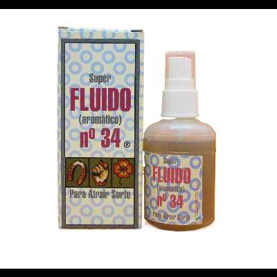 Frasco e caixa de líquido aromático Super FLUIDO nº 34 para atrair sorte