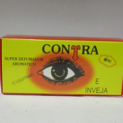 Caixa amarela e vermelha com desenho de olho e textos promocionais