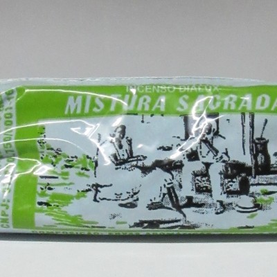 Embalagem plástica da Mistura Sagrada com ilustração verde e preta