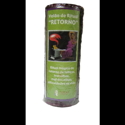 Vela roxa de ritual com etiqueta verde e ilustração colorida