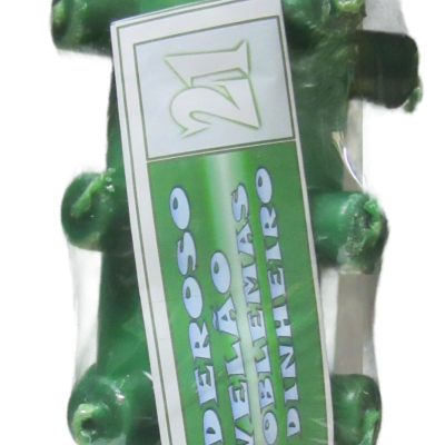 Objeto verde com protuberâncias embalado em plástico com rótulo branco e verde com texto.