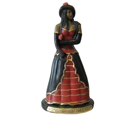 Figura decorativa de mulher com vestido vermelho e preto e base com texto