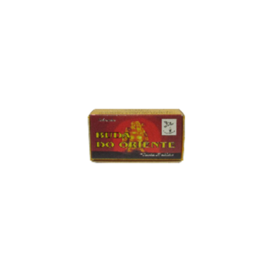 Barra de sabão embalado vermelho e amarelo com texto ISBIDA DO ORIENTE