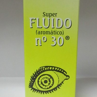 Embalagem amarela de produto Super FLUIDO nº 30 com desenho de olho