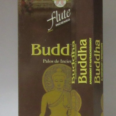 Duas embalagens de incenso Buddha castanho e amarelo com desenho de Buda dourado.