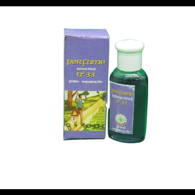 Frasco verde com tampa branca e caixa roxa com texto e imagem