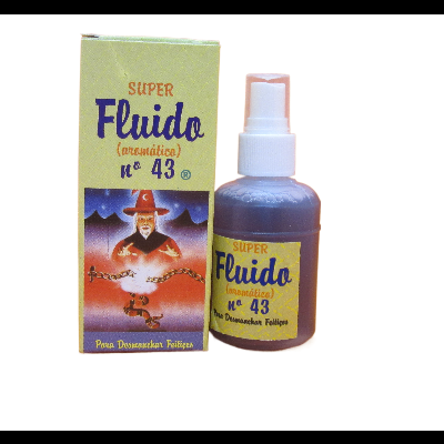 Frasco de spray e embalagem do produto SUPER Fluido Nº 43 com design amarelo e roxo e ilustração mística