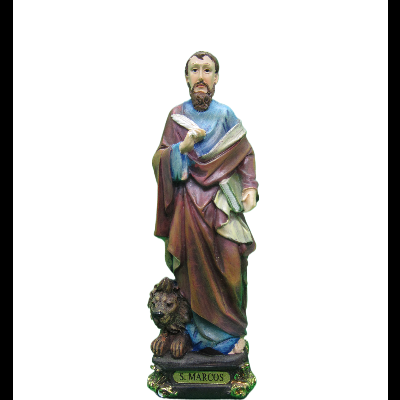 Estátua colorida de S. Marcos com leão e pergaminho