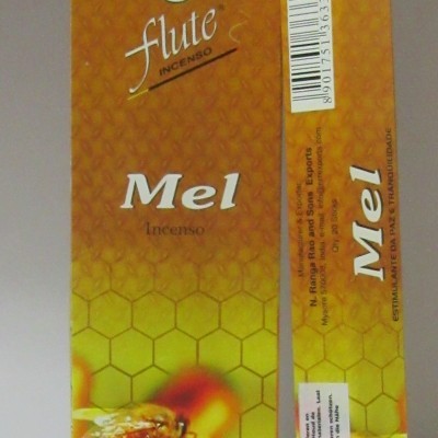 Embalagem de incenso Flute Mel com imagem de abelhas sobre fundo de colmeia laranja e amarelo