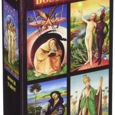 Caixa preta de baralho Bosch Tarot com ilustrações coloridas artísticas