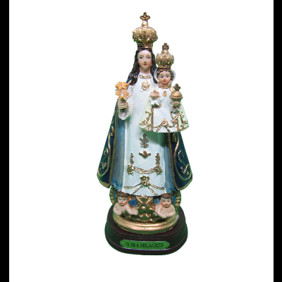 Estátua religiosa de Nossa Senhora dos Milagres com Menino Jesus e base com anjos