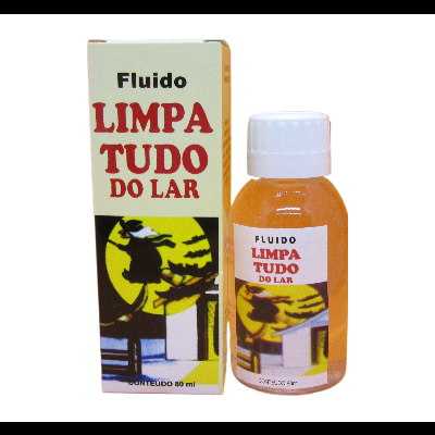 Fluido Limpa Tudo do Lar, líquido de limpeza com rótulo branco e vermelho, e caixa com ilustração de bruxa voando