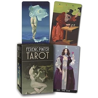 Caixa e cartas de tarot com ilustrações artísticas e textos em inglês.