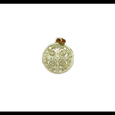 Medalha redonda dourada com símbolos e texto