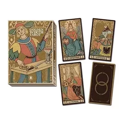 Conjunto de cartas de tarot Golden Wrth com caixa e várias cartas expostas