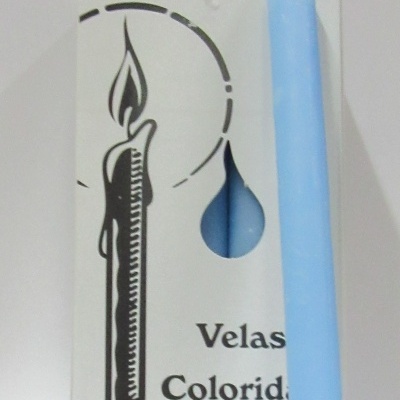 Vela azul clara com caixa branca e texto Velas Coloridas