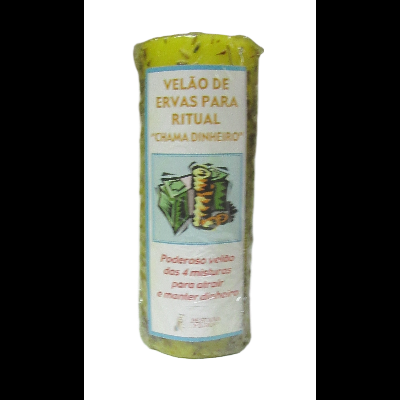Vela amarela com ervas e rótulo de ritual para atrair dinheiro