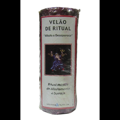 Velão de ritual com rótulo branco e texto preto, figura colorida e embalagem plástica