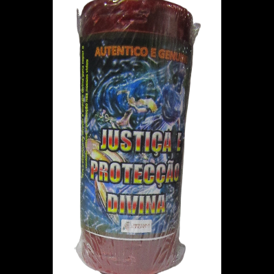 Vela vermelha com etiqueta mística e texto em português e italiano